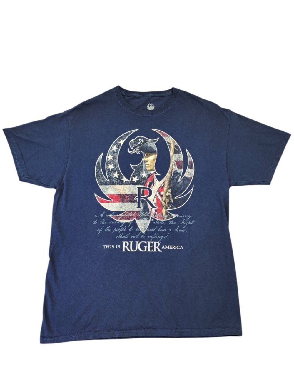 Ruger Firearms T-Shirt Size Large Blue American Flag Patriotic Cotton